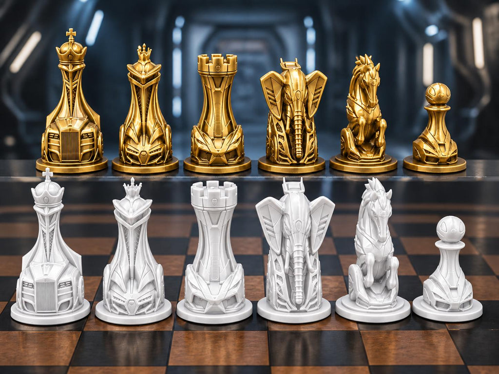Futuristisches Fahrzeug-Schachfigurenset – komplett 32-teilig | Sci-Fi-Schach | 3 Größen & 12 Farbpaare FehnFactory