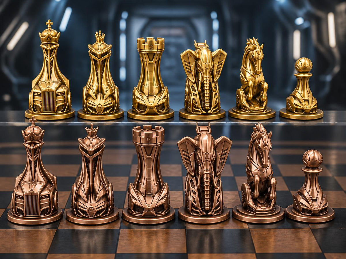 Futuristisches Fahrzeug-Schachfigurenset – komplett 32-teilig | Sci-Fi-Schach | 3 Größen & 12 Farbpaare FehnFactory