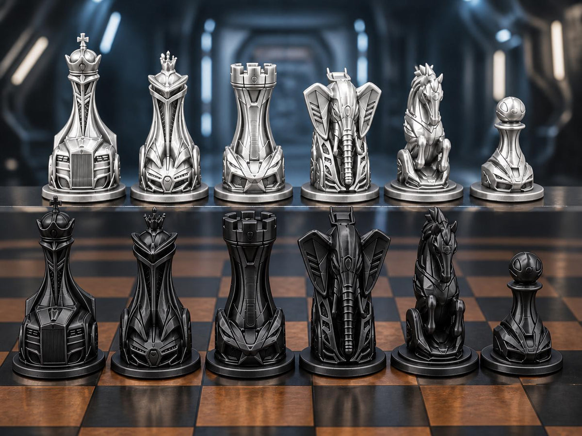Futuristisches Fahrzeug-Schachfigurenset – komplett 32-teilig | Sci-Fi-Schach | 3 Größen & 12 Farbpaare FehnFactory