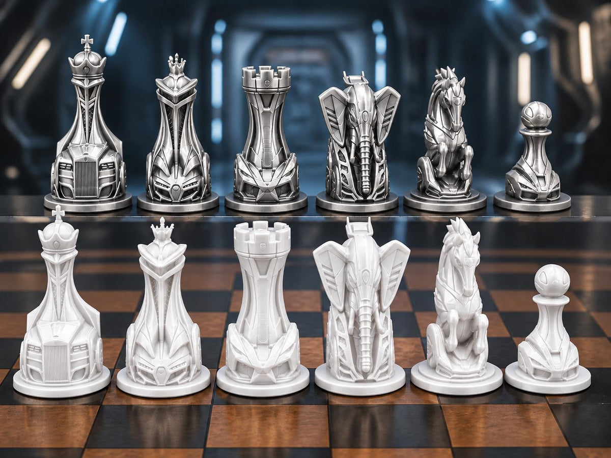 Futuristisches Fahrzeug-Schachfigurenset – komplett 32-teilig | Sci-Fi-Schach | 3 Größen & 12 Farbpaare FehnFactory
