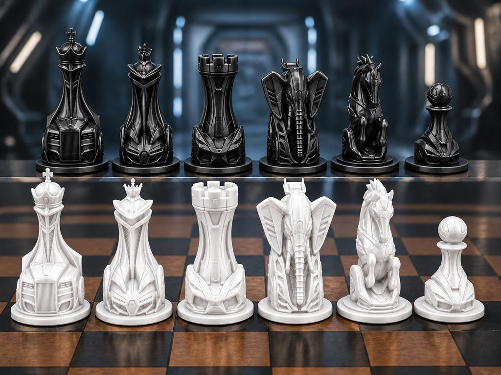 Futuristisches Fahrzeug-Schachfigurenset – komplett 32-teilig | Sci-Fi-Schach | 3 Größen & 12 Farbpaare FehnFactory