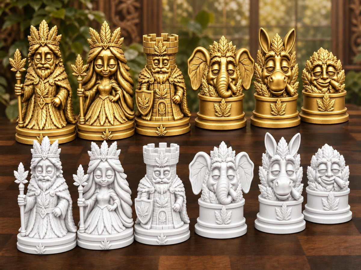 Königliches Blatt-Schachfigurenset – komplett 32-teilig | Natur-Fantasy | 3 Größen & 12 Farbpaare | Made in Germany FehnFactory