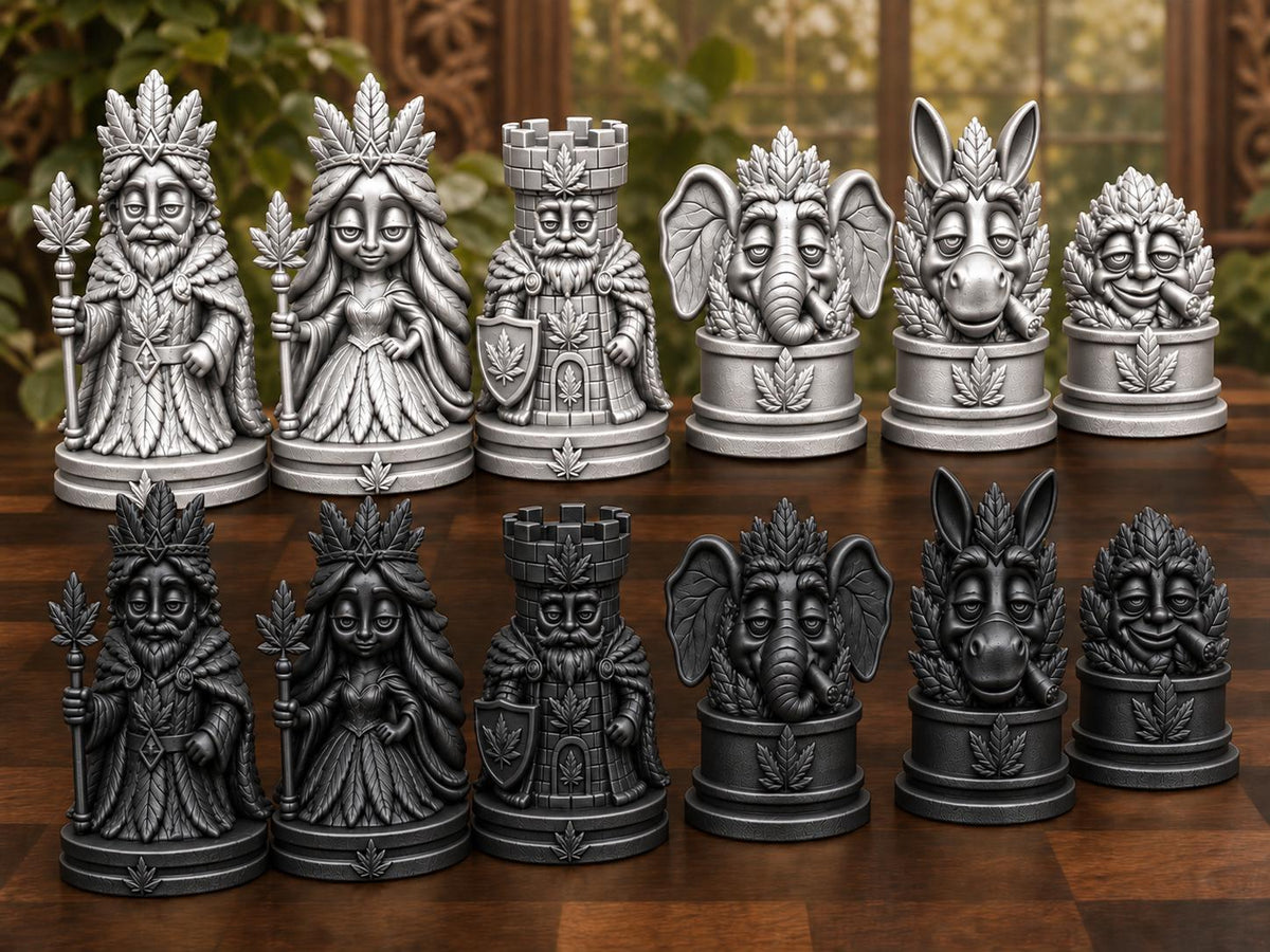 Königliches Blatt-Schachfigurenset – komplett 32-teilig | Natur-Fantasy | 3 Größen & 12 Farbpaare | Made in Germany FehnFactory