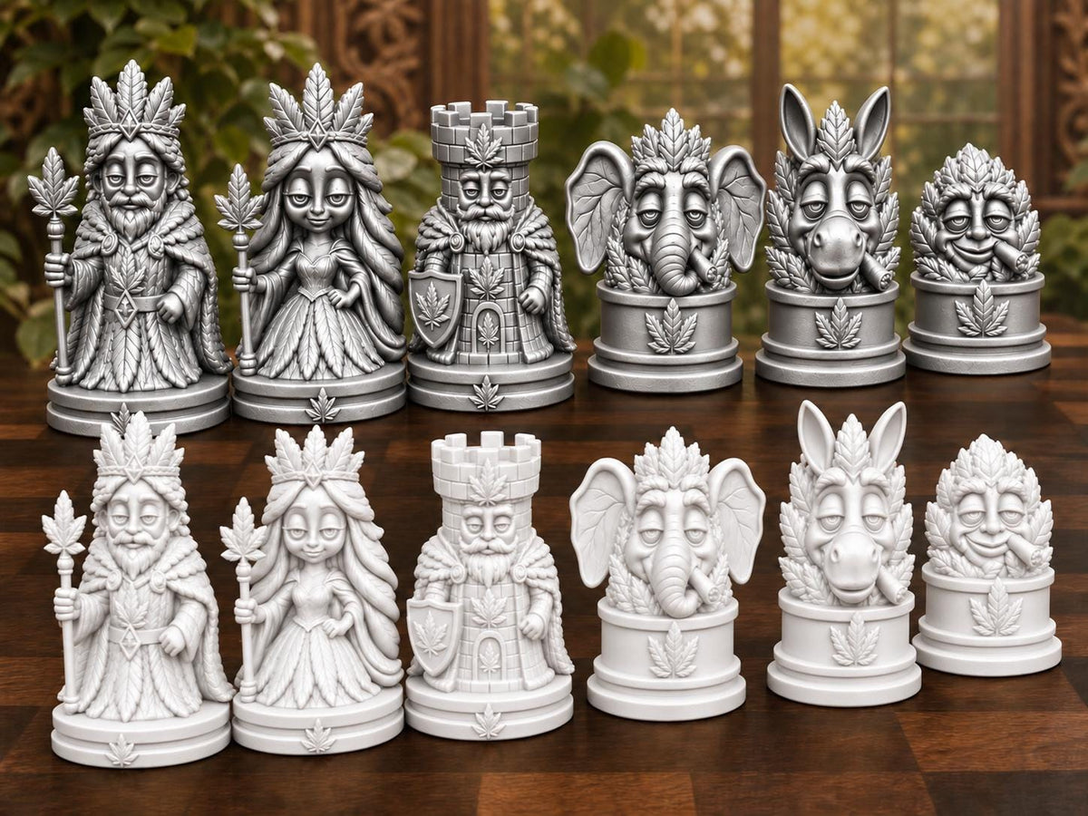 Königliches Blatt-Schachfigurenset – komplett 32-teilig | Natur-Fantasy | 3 Größen & 12 Farbpaare | Made in Germany FehnFactory
