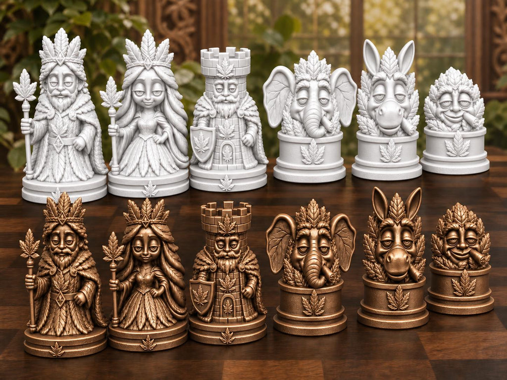 Königliches Blatt-Schachfigurenset – komplett 32-teilig | Natur-Fantasy | 3 Größen & 12 Farbpaare | Made in Germany FehnFactory
