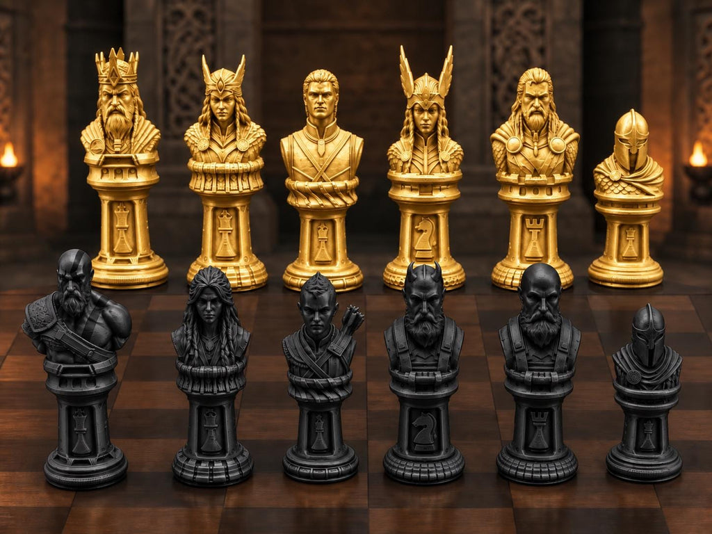 Mythisches Krieger-Schachfigurenset – komplett 32-teilig | Fantasy-Schach | 3 Größen & 12 Farbpaare | Made in Germany FehnFactory