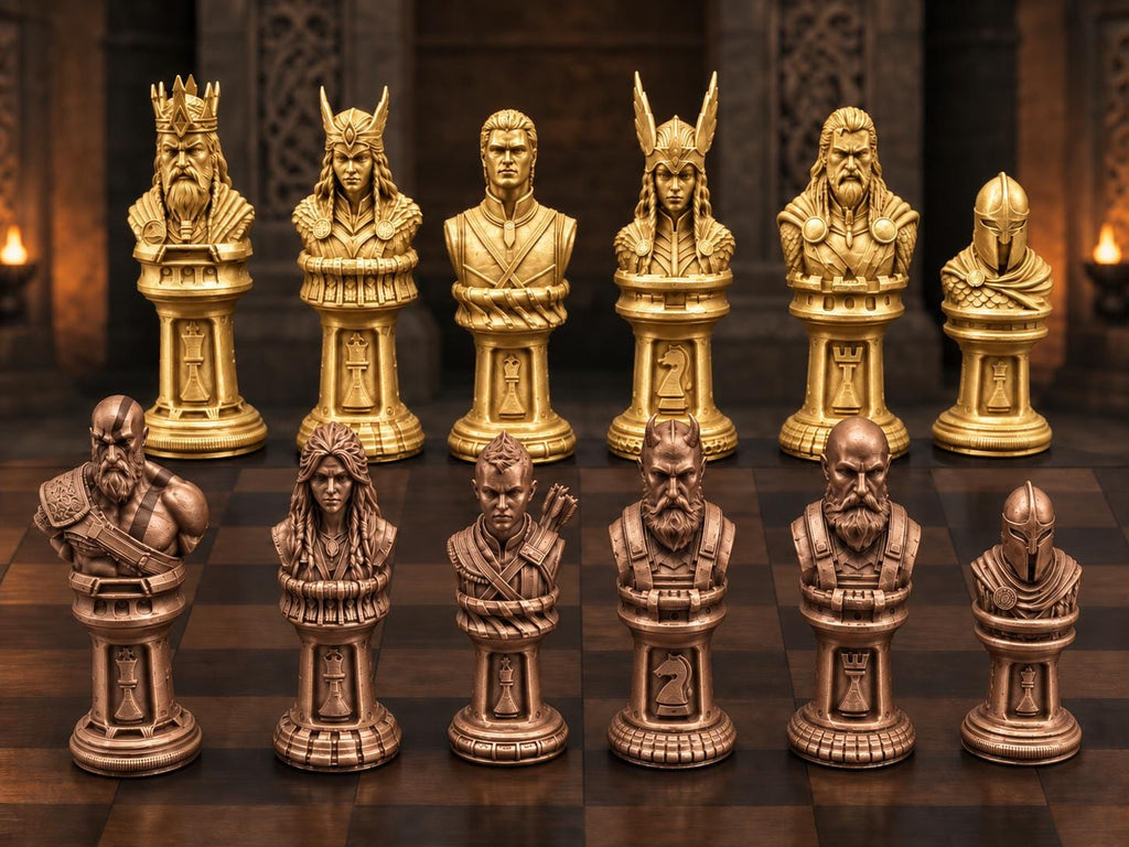 Mythisches Krieger-Schachfigurenset – komplett 32-teilig | Fantasy-Schach | 3 Größen & 12 Farbpaare | Made in Germany FehnFactory