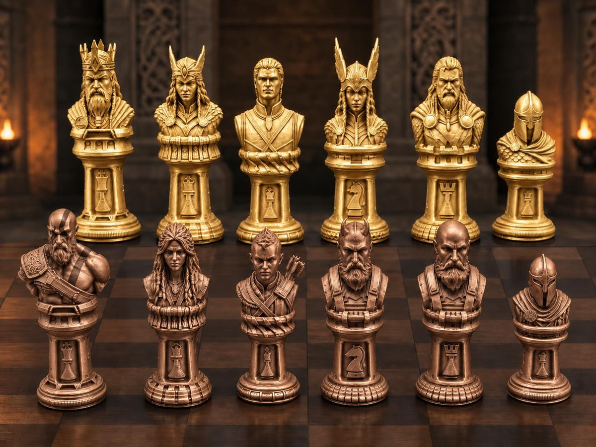 Mythisches Krieger-Schachfigurenset – komplett 32-teilig | Fantasy-Schach | 3 Größen & 12 Farbpaare | Made in Germany FehnFactory