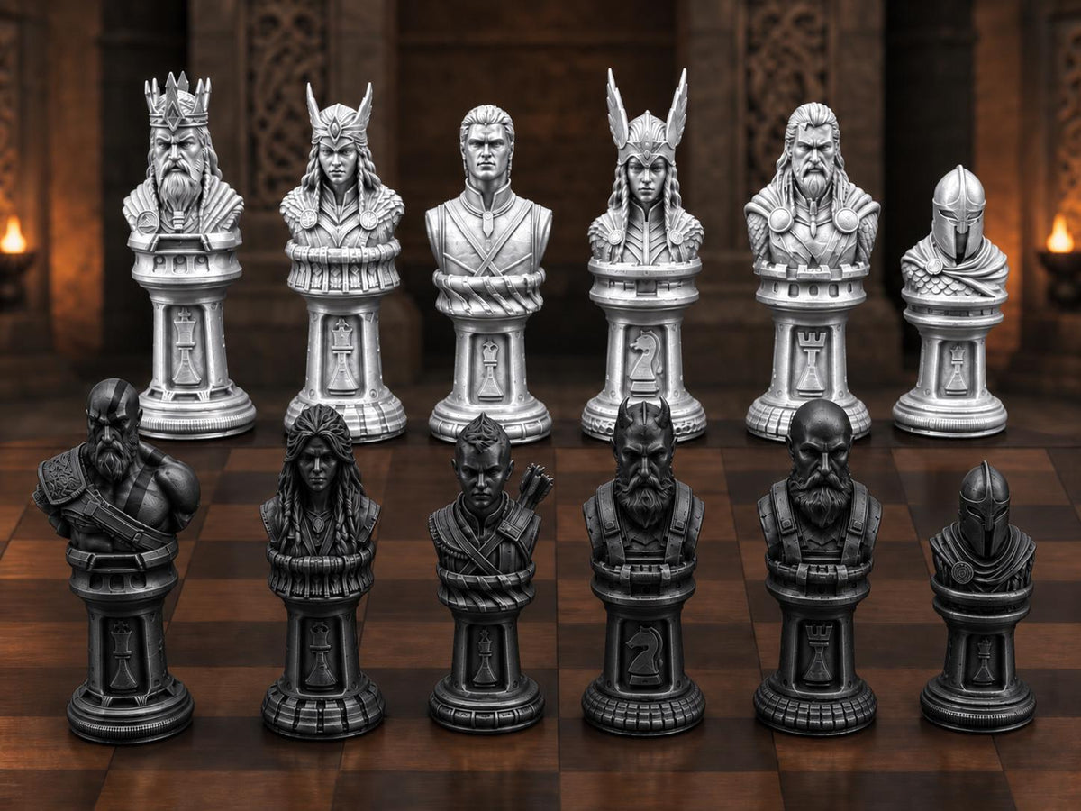 Mythisches Krieger-Schachfigurenset – komplett 32-teilig | Fantasy-Schach | 3 Größen & 12 Farbpaare | Made in Germany FehnFactory