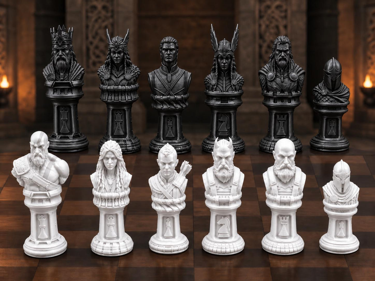 Mythisches Krieger-Schachfigurenset – komplett 32-teilig | Fantasy-Schach | 3 Größen & 12 Farbpaare | Made in Germany FehnFactory