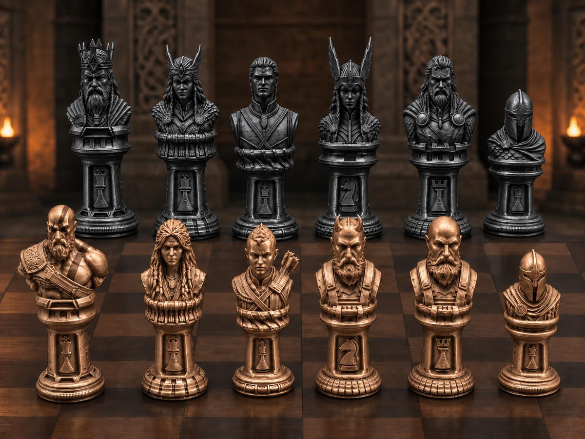 Mythisches Krieger-Schachfigurenset – komplett 32-teilig | Fantasy-Schach | 3 Größen & 12 Farbpaare | Made in Germany FehnFactory