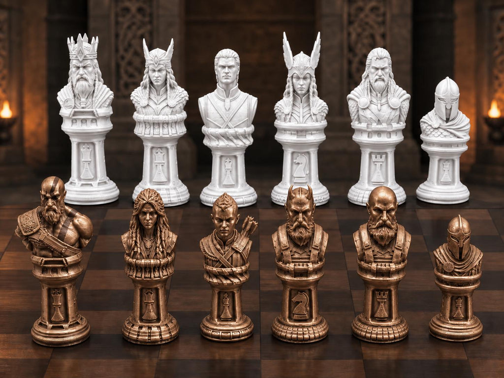 Mythisches Krieger-Schachfigurenset – komplett 32-teilig | Fantasy-Schach | 3 Größen & 12 Farbpaare | Made in Germany FehnFactory