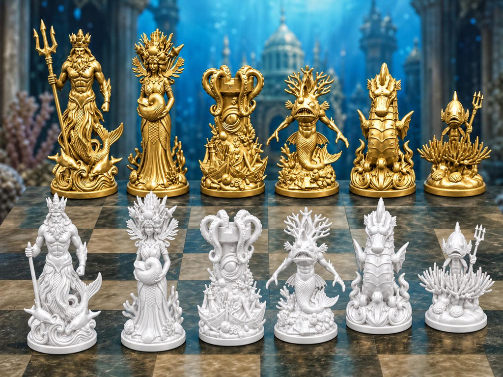 Ozeanreich-Schachfigurenset – komplett 32-teilig | Unterwasser-Fantasy | 3 Größen & 12 Farbpaare FehnFactory