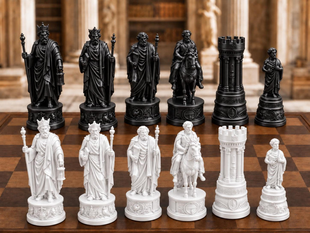 Philosophen-Schachfigurenset – komplett 32-teilig | Antikes Griechenland | 3 Größen & 12 Farbpaare | Made in Germany FehnFactory