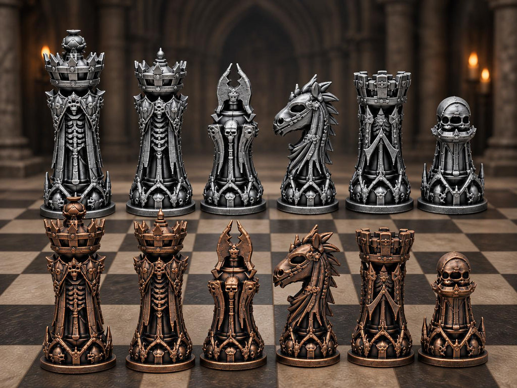 Nekromanten-Schachfigurenset – komplett 32-teilig | Gotisches Staunton-Schach | 3 Größen & 12 Farbpaare | Made in Germany FehnFactory