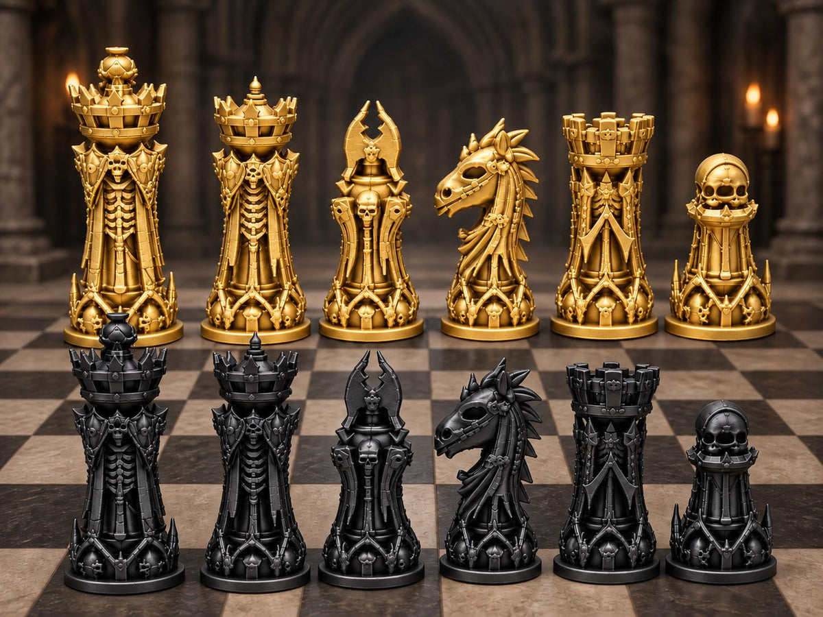 Nekromanten-Schachfigurenset – komplett 32-teilig | Gotisches Staunton-Schach | 3 Größen & 12 Farbpaare | Made in Germany FehnFactory