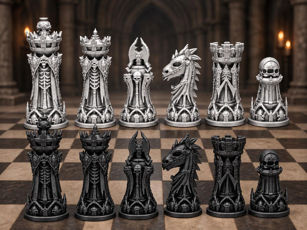 Nekromanten-Schachfigurenset – komplett 32-teilig | Gotisches Staunton-Schach | 3 Größen & 12 Farbpaare | Made in Germany FehnFactory