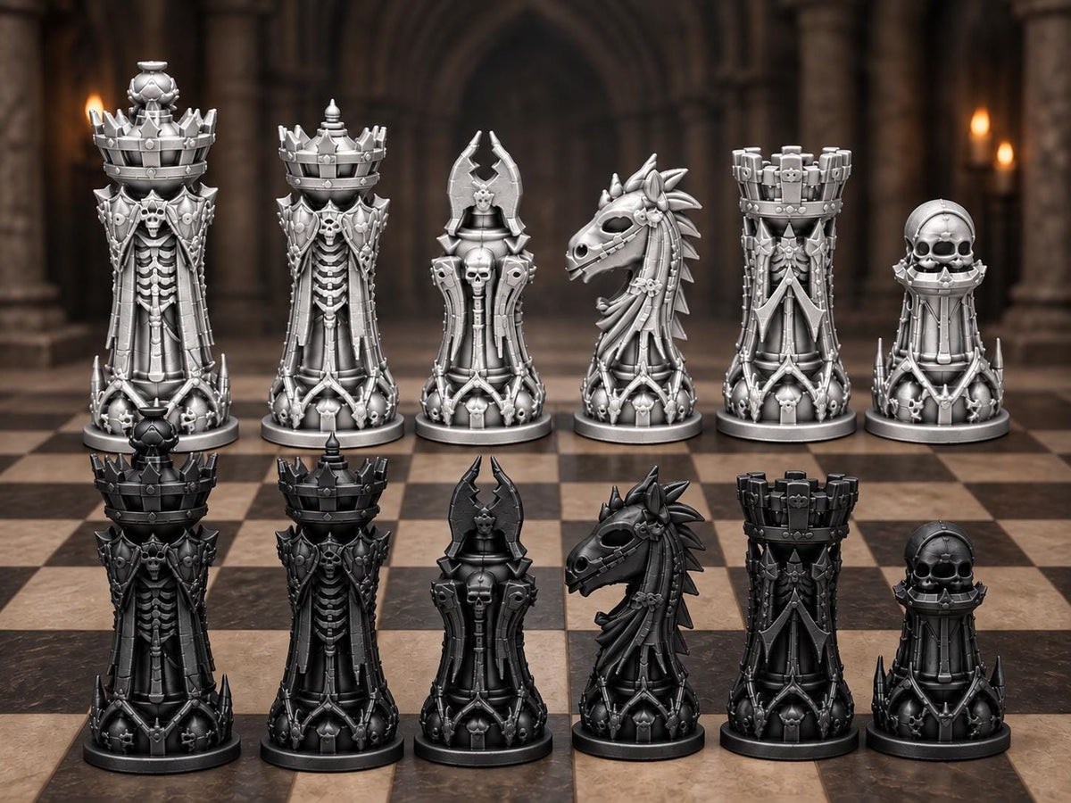 Nekromanten-Schachfigurenset – komplett 32-teilig | Gotisches Staunton-Schach | 3 Größen & 12 Farbpaare | Made in Germany FehnFactory