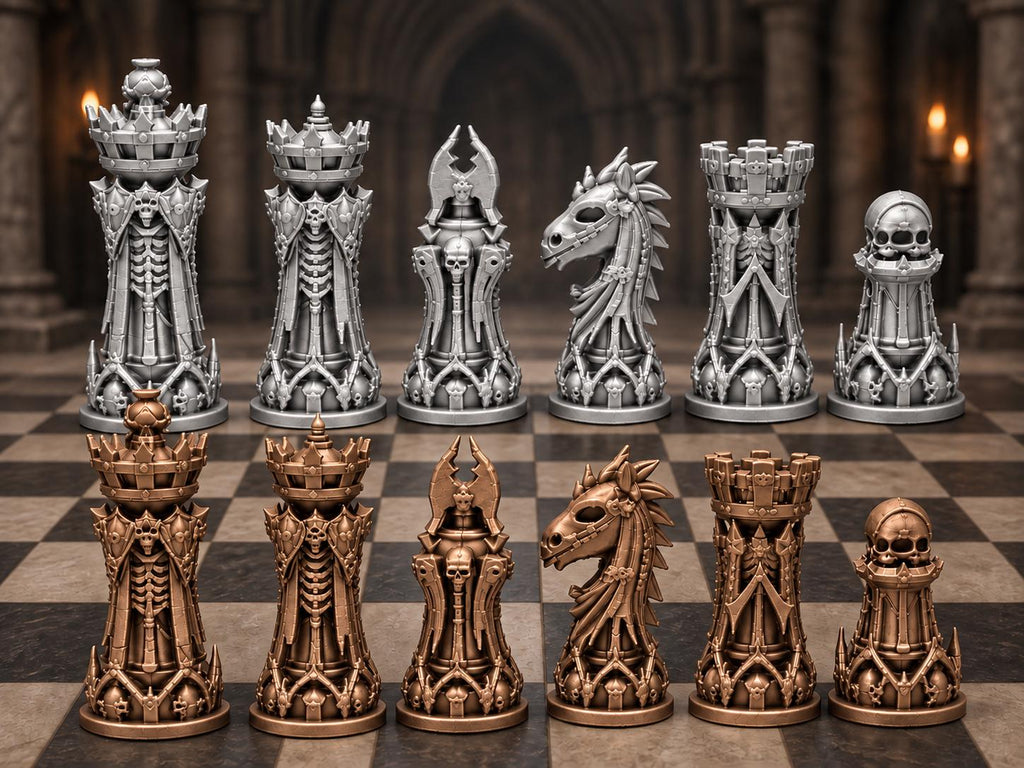 Nekromanten-Schachfigurenset – komplett 32-teilig | Gotisches Staunton-Schach | 3 Größen & 12 Farbpaare | Made in Germany FehnFactory