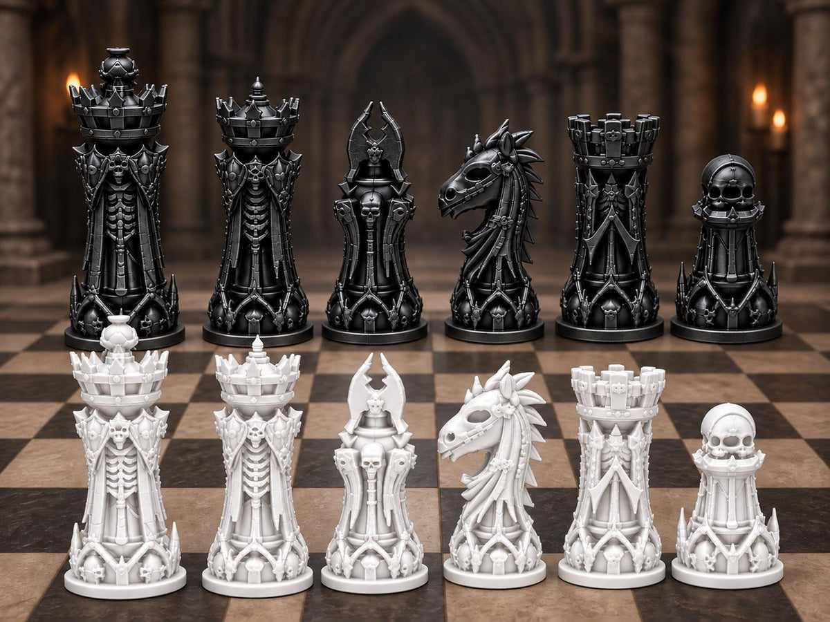 Nekromanten-Schachfigurenset – komplett 32-teilig | Gotisches Staunton-Schach | 3 Größen & 12 Farbpaare | Made in Germany FehnFactory