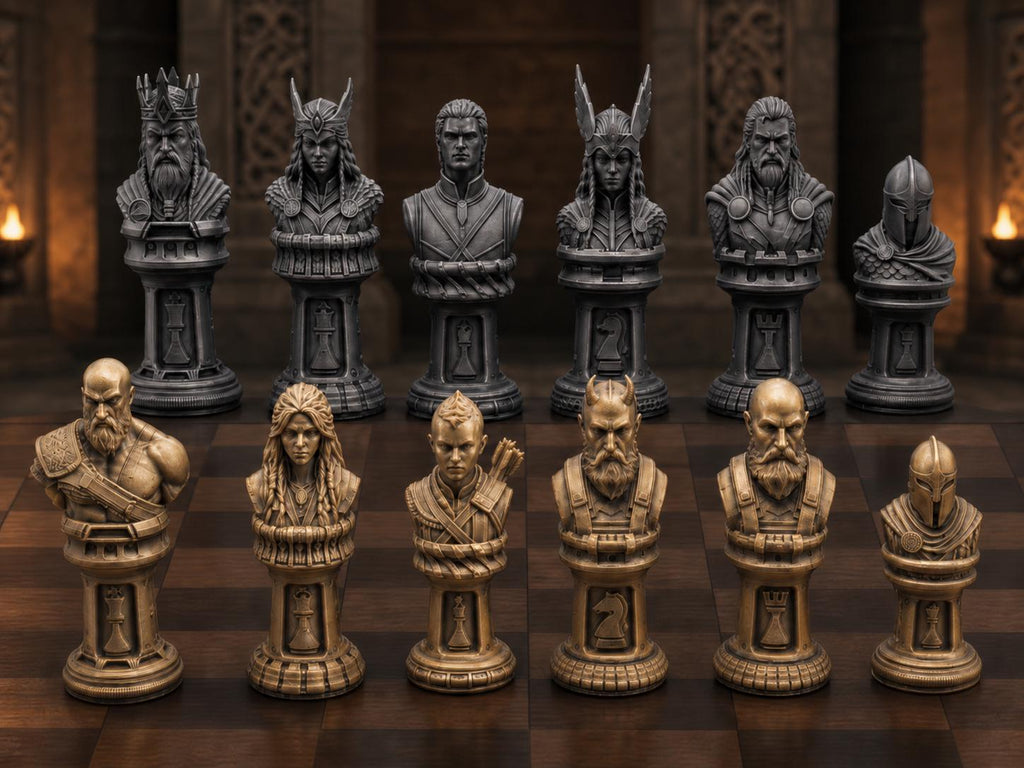 Mythisches Krieger-Schachfigurenset – komplett 32-teilig | Fantasy-Schach | 3 Größen & 12 Farbpaare | Made in Germany FehnFactory