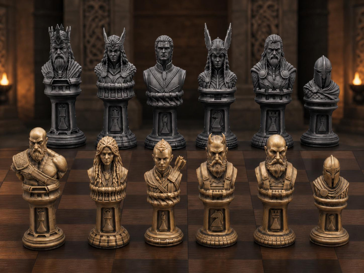 Mythisches Krieger-Schachfigurenset – komplett 32-teilig | Fantasy-Schach | 3 Größen & 12 Farbpaare | Made in Germany FehnFactory
