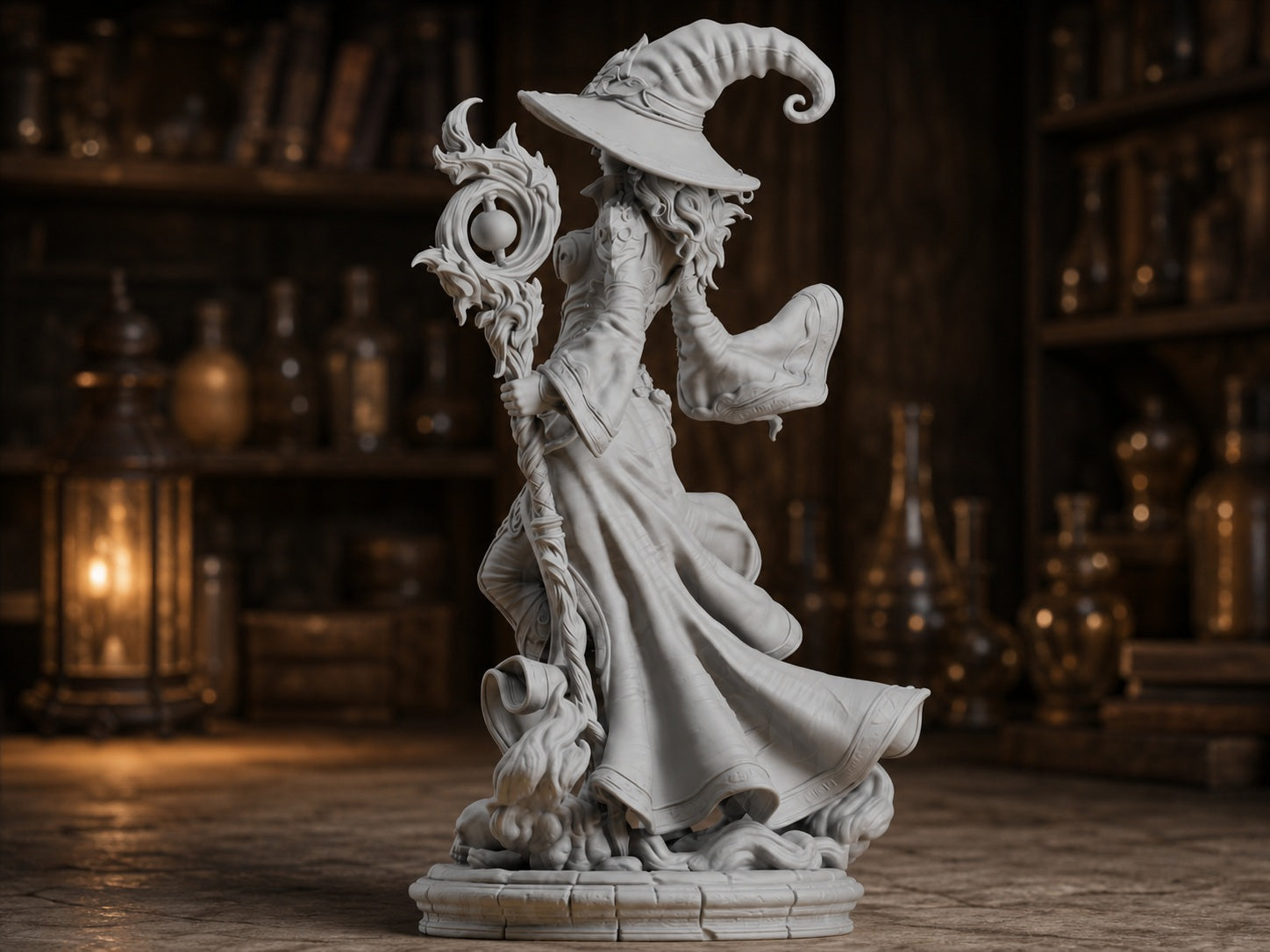 Fantasy-Hexe mit Zauberstab – Magierin-Skulptur FehnFactory