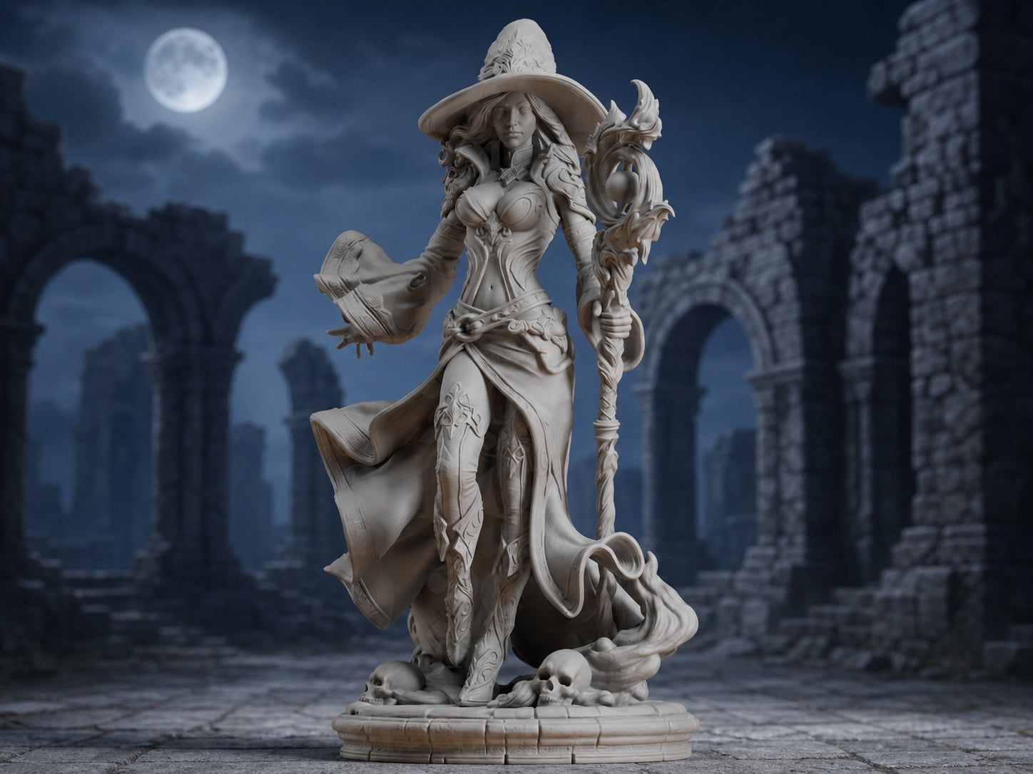 Fantasy-Hexe mit Zauberstab – Magierin-Skulptur FehnFactory